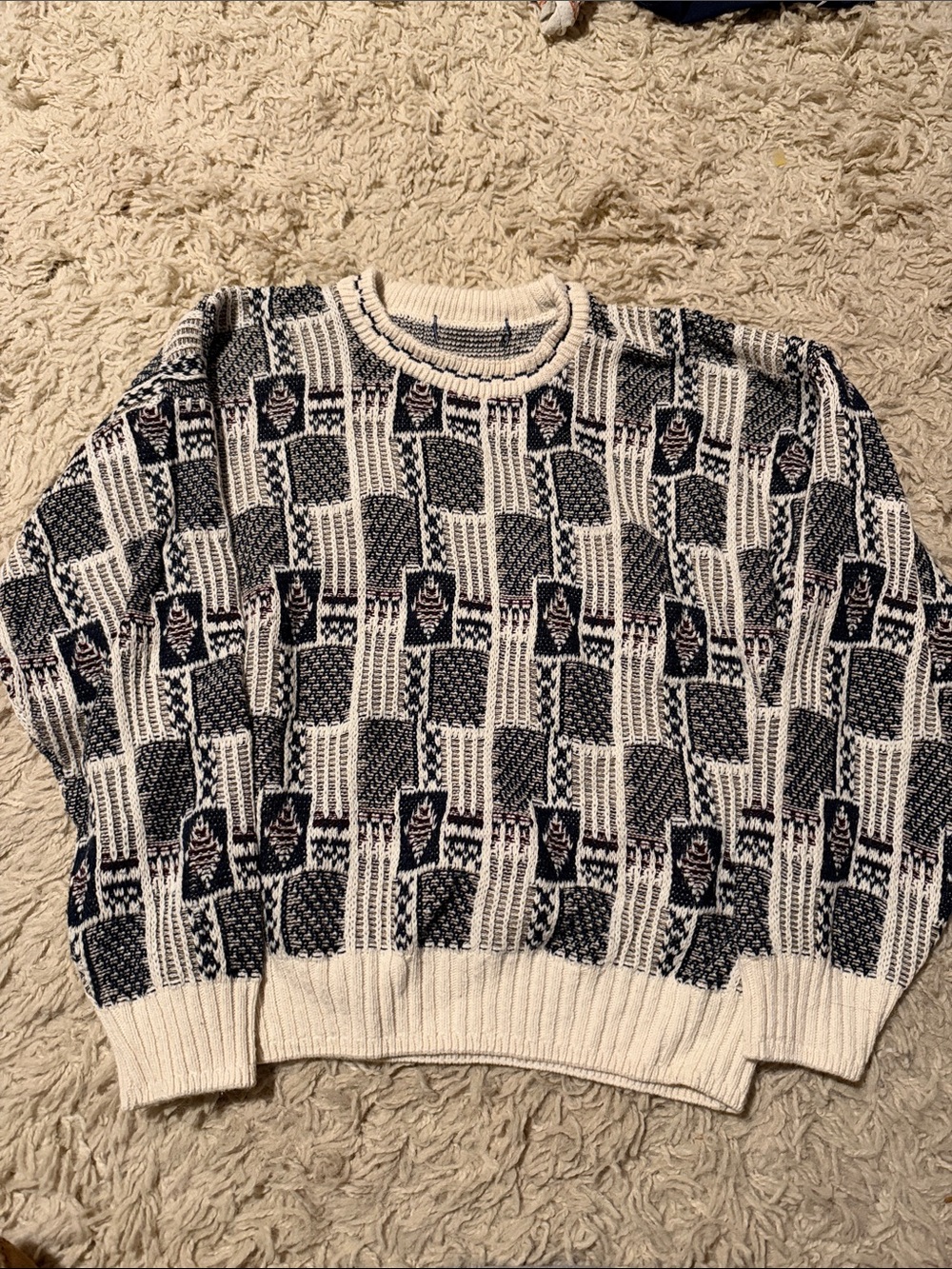 Cream and Navy Patterned Knit Sweater